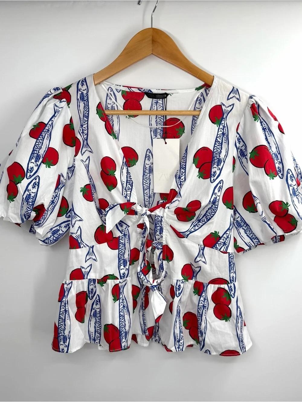 Zara Tomato & Sardines Print Puff Sleeves Top Blouse